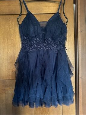 Navy Blue Spaghetti Strap Prom Dress